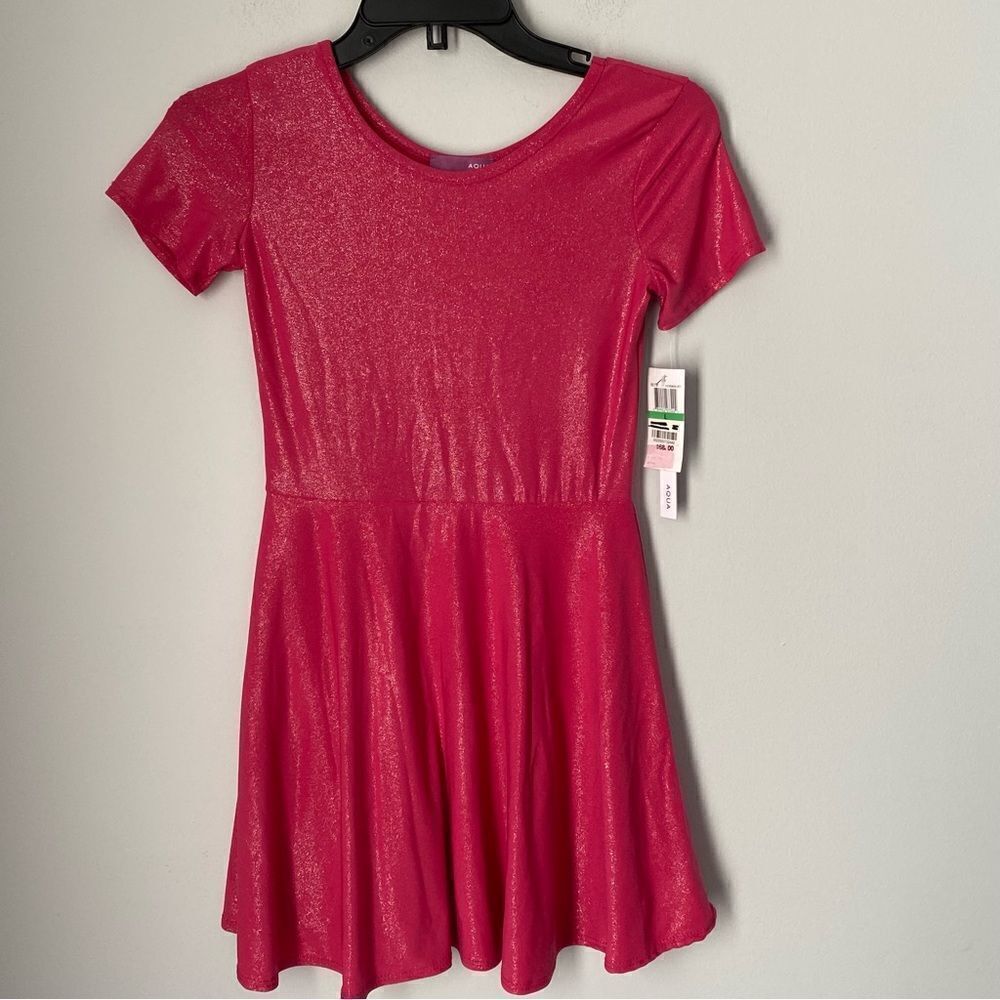 Aqua Girls’ Crew Neck Short Sleeve Fit and Flare Pink and Silver Mini Dress L